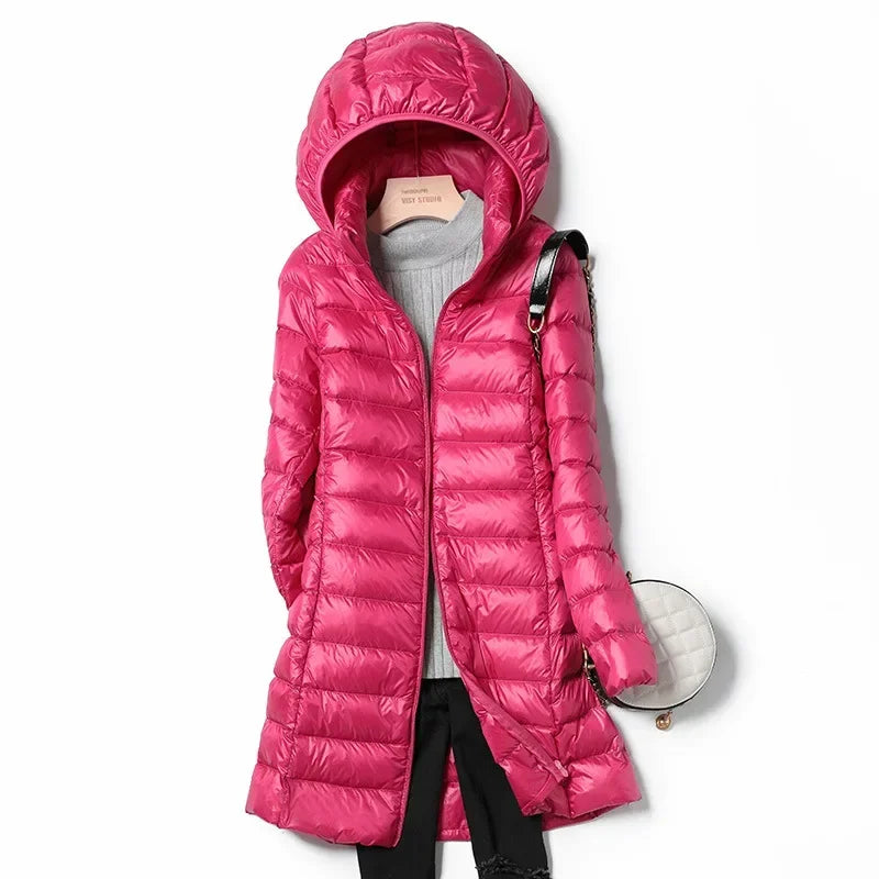 Mulheres de inverno fino para baixo casacos remover com capuz parka cor sólida feminino longo luz fina outerwear senhora moda quente puffer jaquetas