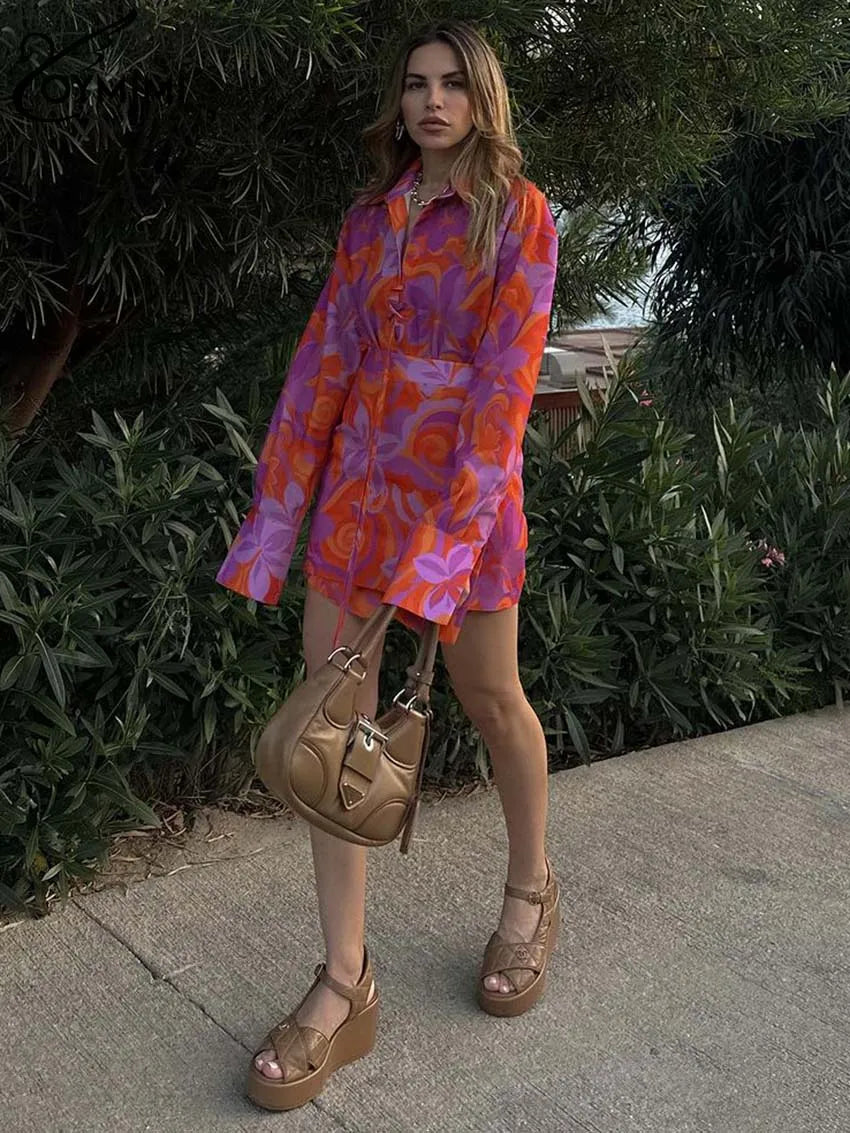 Produto OYMIMI-Conjunto de mini saias e camisas com renda de manga comprida para mulheres, roupa reta, estampa laranja, cintura alta, moda elegante, 2 peças - 1