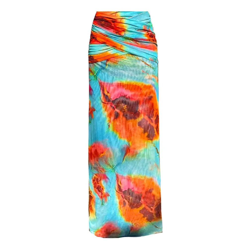 Conjunto Elegante de Saia e Maiô Azul-Laranja