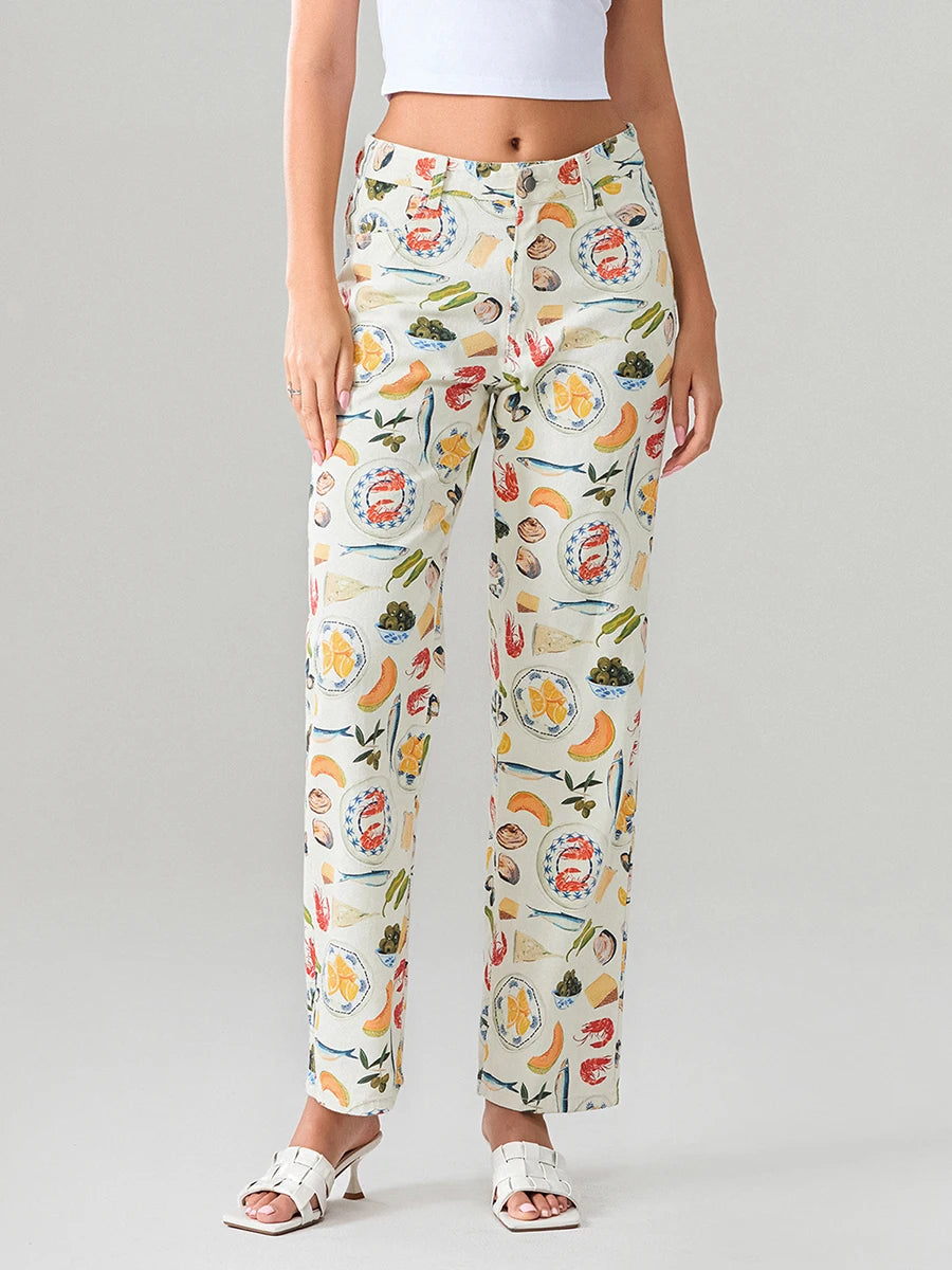 Calça Jeans Feminina Estampada de Frutas