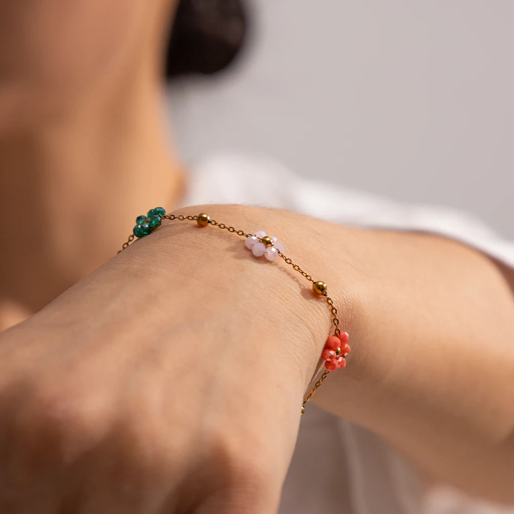 Conjunto de Pulseira e Colar de Aço Inoxidável com ouro 18k com Miçangas de Flores Coloridas de cristais