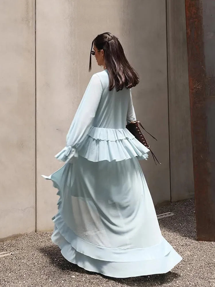 Elegante babados hem azul vestido longo moda feminina alargamento manga cheia decote em v rendas até vestidos midi verão 2025 casual férias robes