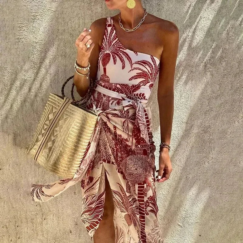 Conjunto Maiô e Canga Feminino de Ombro Único Estampa Coqueiro Tropical