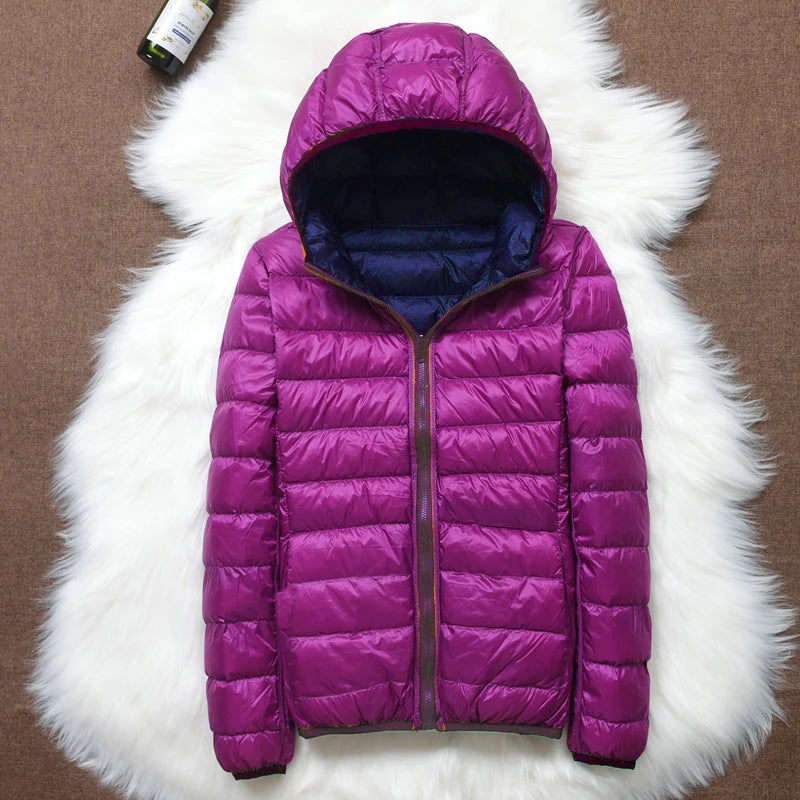 90% ultra-leve fino para baixo jaqueta feminina outono inverno dupla face curto quente pato branco para baixo casaco parka feminino portátil outerwear