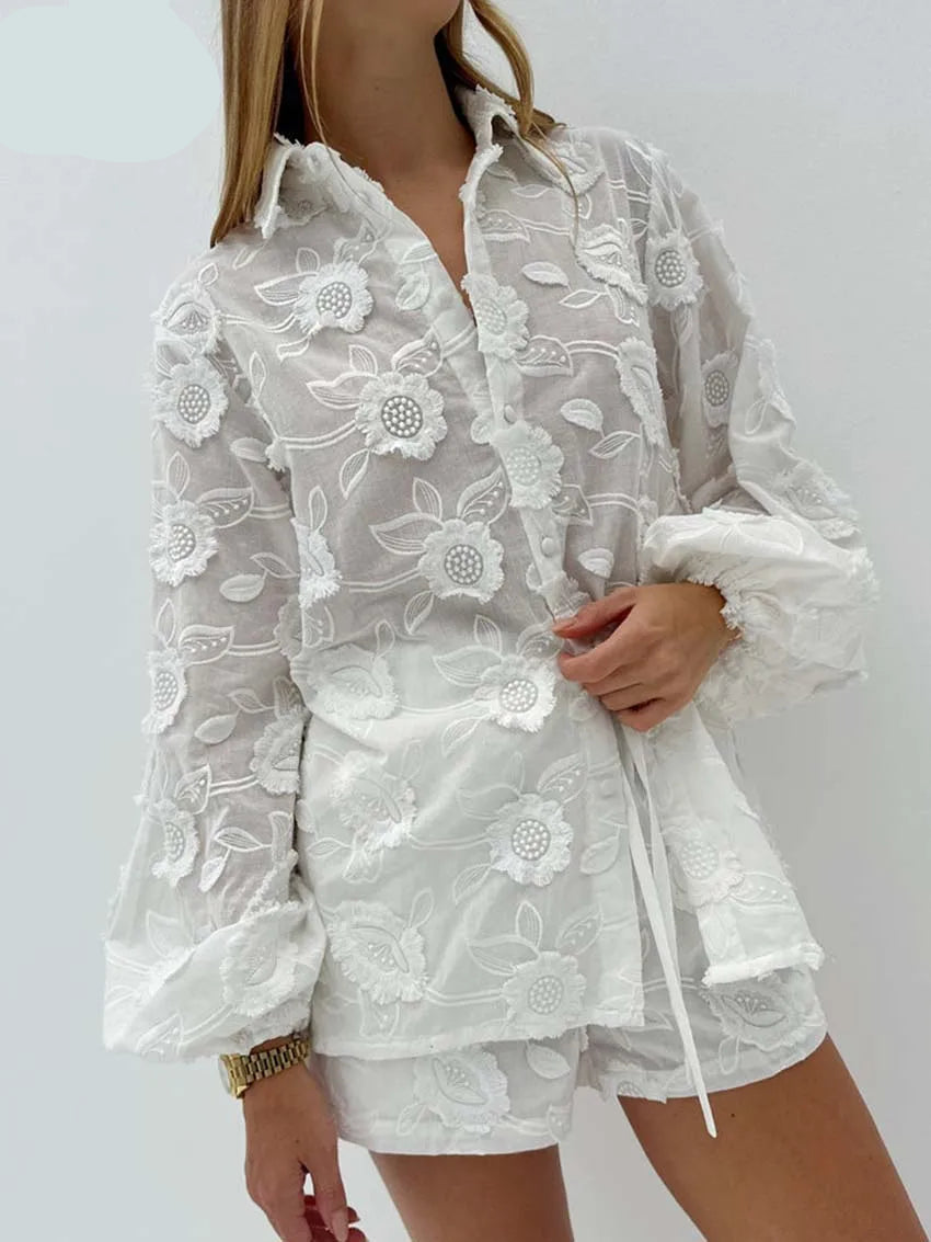 Conjunto de Algodão Branco com Botões Jacquard