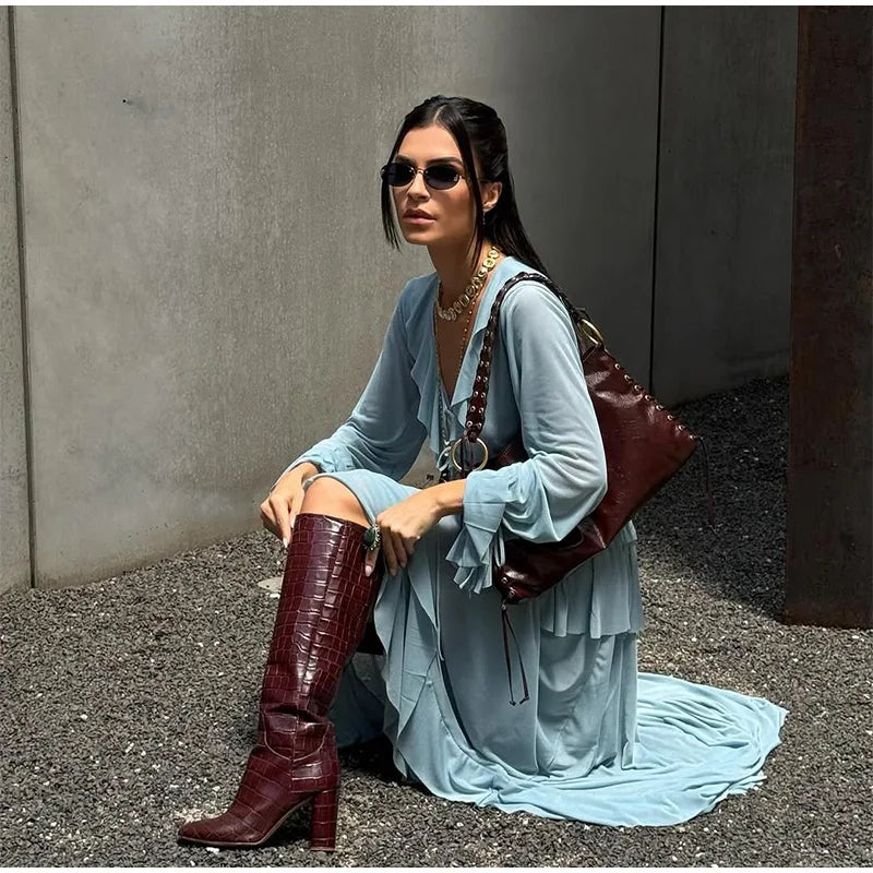 Elegante babados hem azul vestido longo moda feminina alargamento manga cheia decote em v rendas até vestidos midi verão 2025 casual férias robes