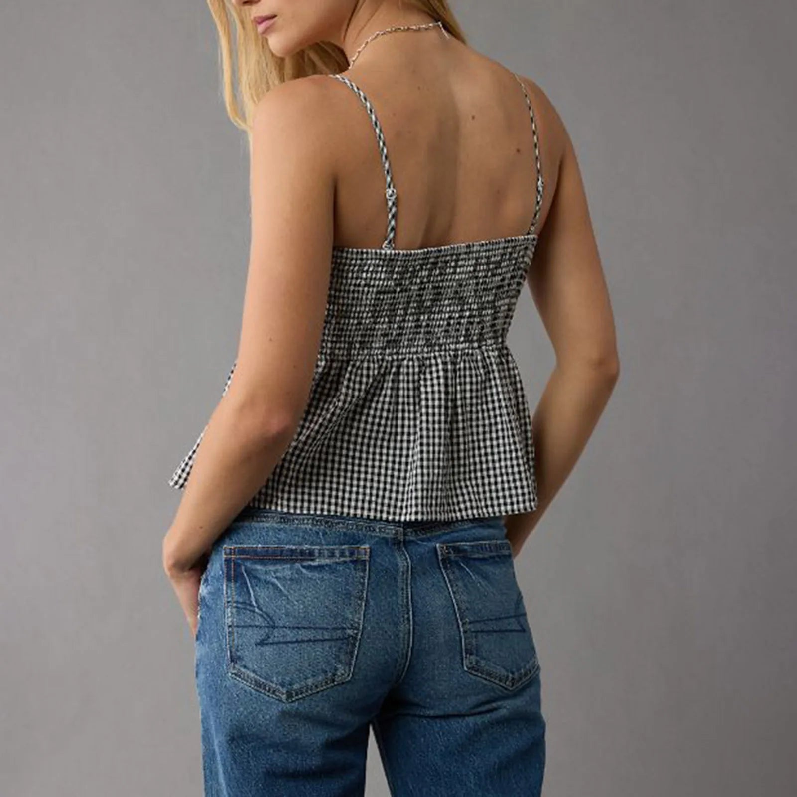 Blusa Peplum Xadrez com Alças Finas