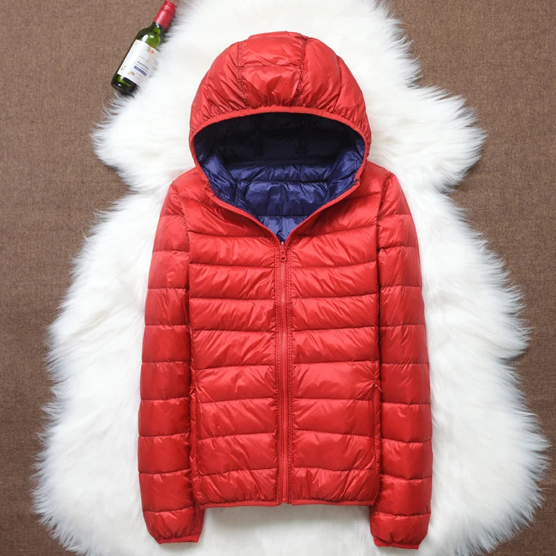 90% ultra-leve fino para baixo jaqueta feminina outono inverno dupla face curto quente pato branco para baixo casaco parka feminino portátil outerwear