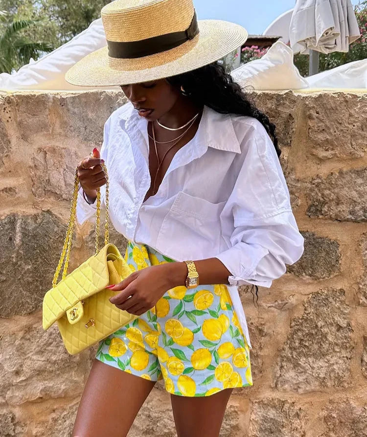 Shorts Femininos de Linho com Estampa de Frutas-0