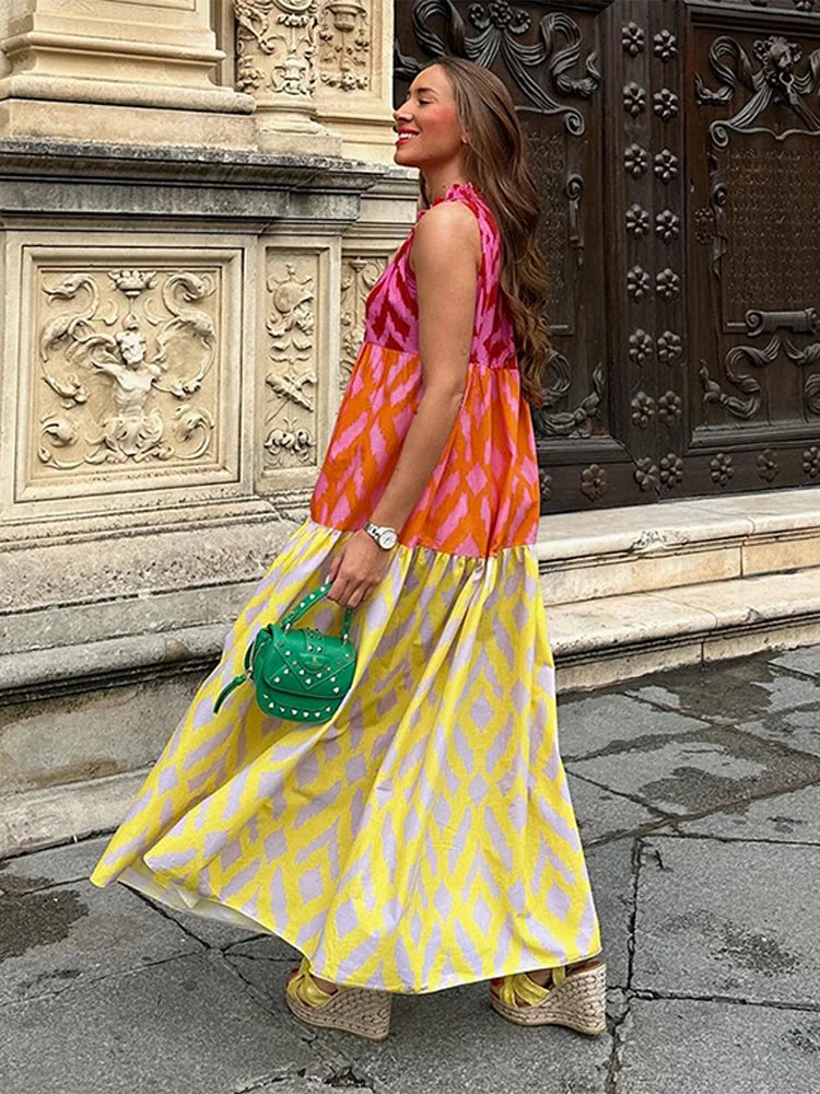 Vestido estampado em retalhos para mulheres, gola redonda chique, vestidos grandes sem mangas, férias femininas, nova moda, verão 2024