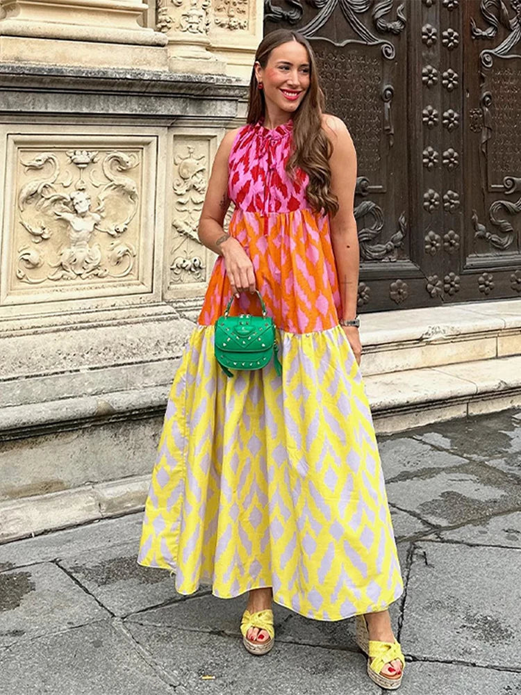 Vestido estampado em retalhos para mulheres, gola redonda chique, vestidos grandes sem mangas, férias femininas, nova moda, verão 2024