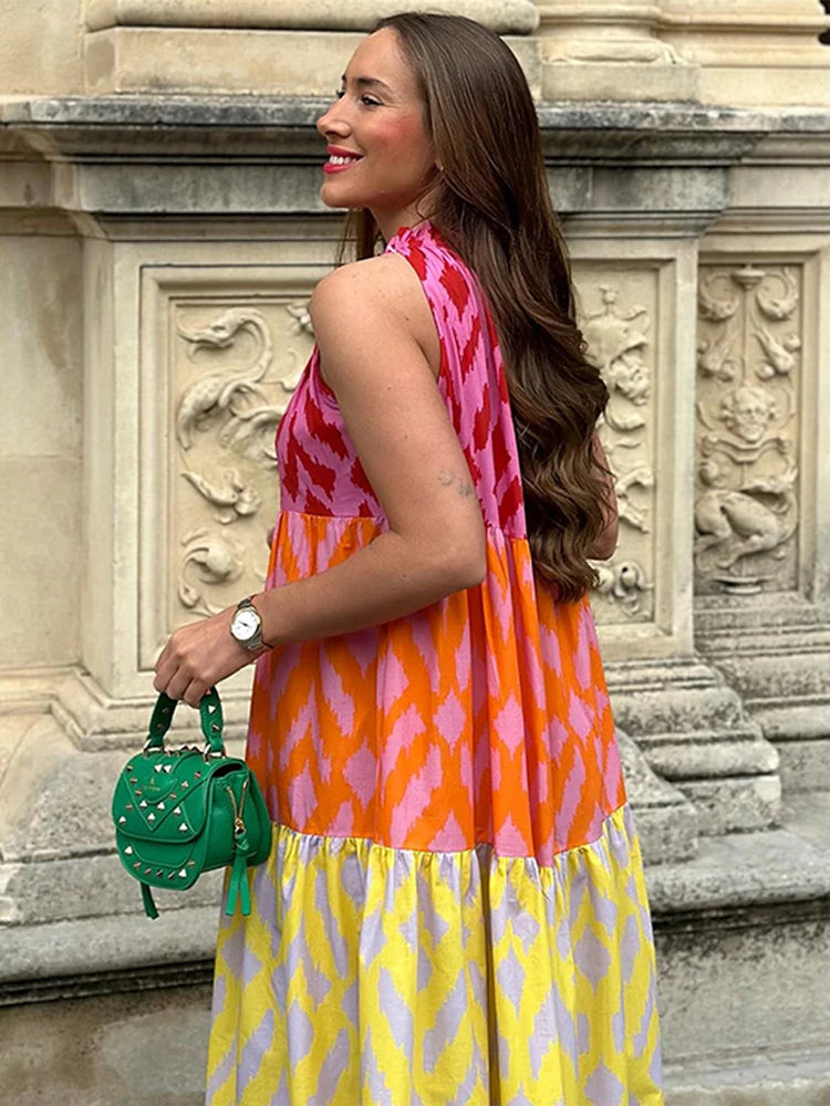 Vestido estampado em retalhos para mulheres, gola redonda chique, vestidos grandes sem mangas, férias femininas, nova moda, verão 2024