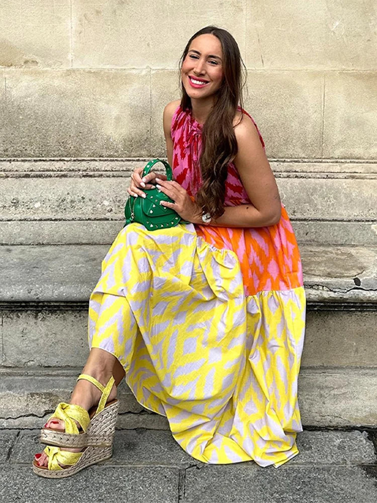 Vestido estampado em retalhos para mulheres, gola redonda chique, vestidos grandes sem mangas, férias femininas, nova moda, verão 2024