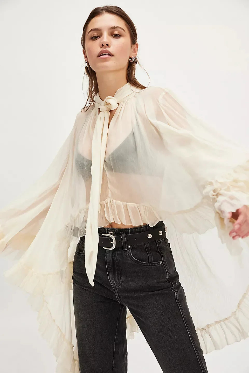Moda sexy transparente camisa feminina primavera verão novo design de manga sino nó francês chique translúcido topo com botões