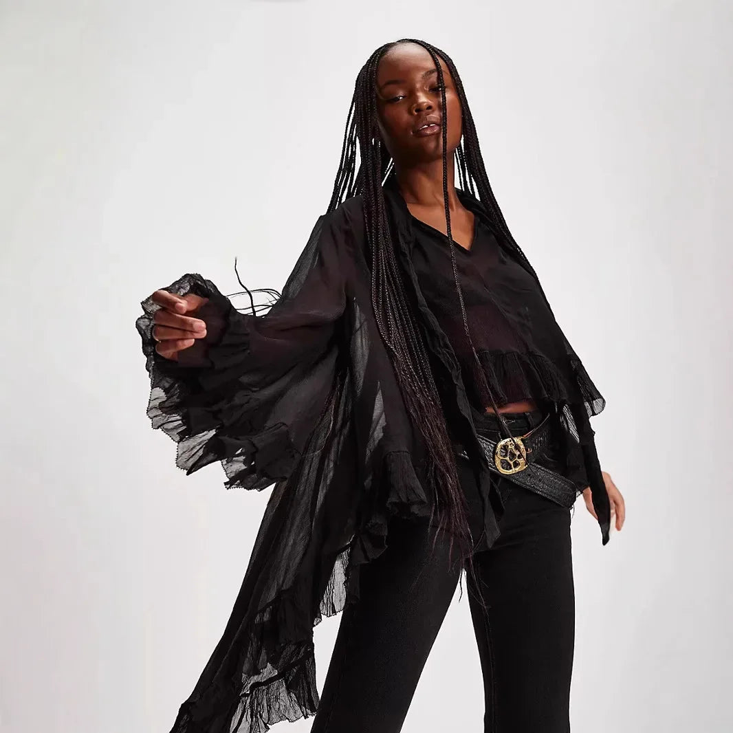 Moda sexy transparente camisa feminina primavera verão novo design de manga sino nó francês chique translúcido topo com botões