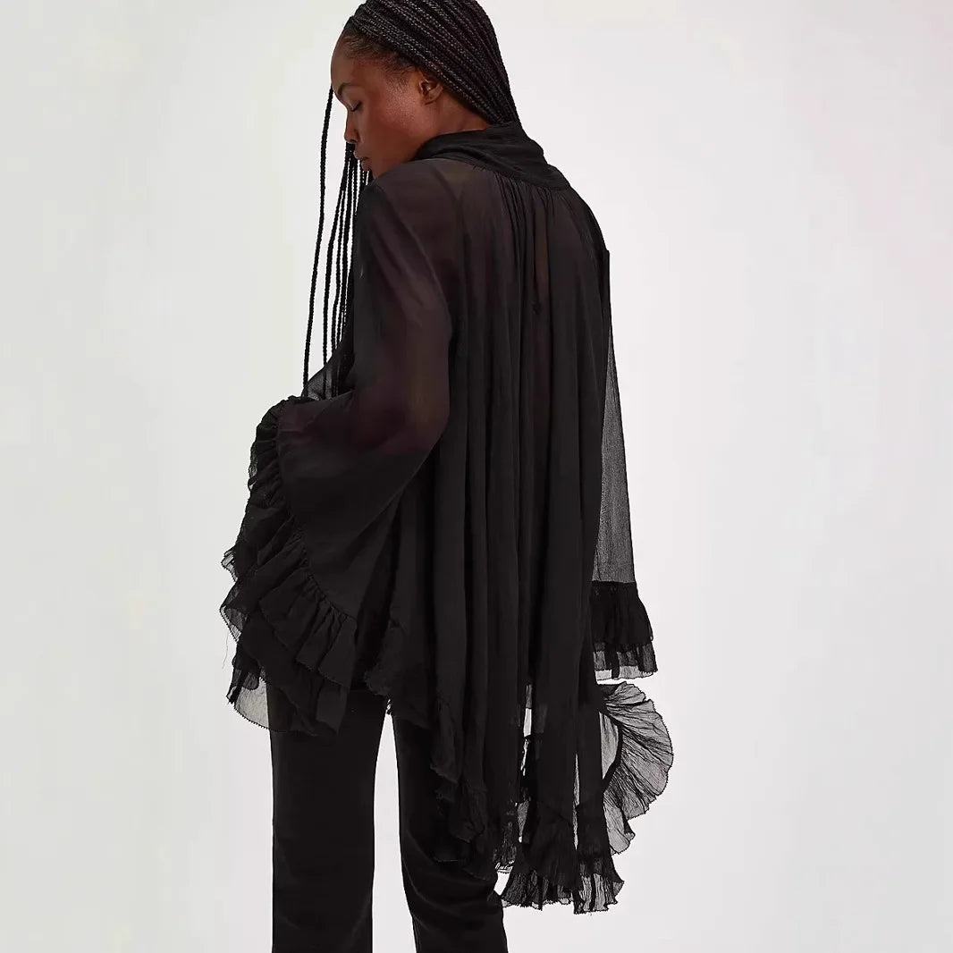 Moda sexy transparente camisa feminina primavera verão novo design de manga sino nó francês chique translúcido topo com botões