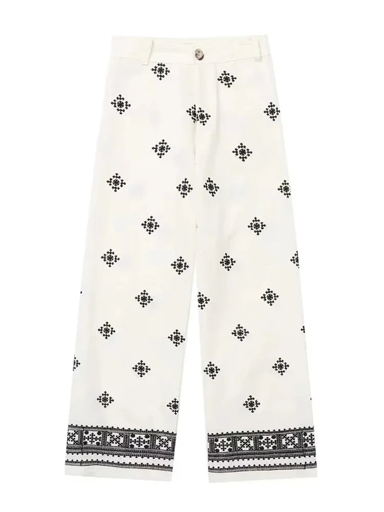 Calça Chicheca bege de perna larga feminina, bordado geométrico, calça comprida, moda, primavera, verão