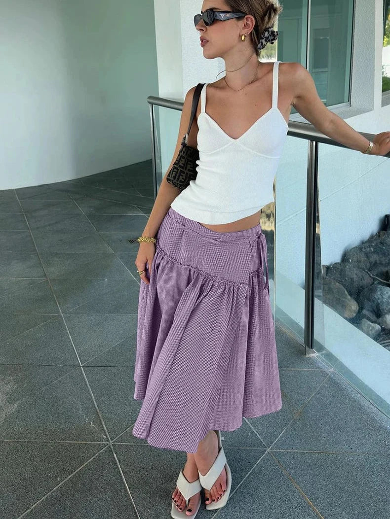 Clacive-Saia xadrez roxa feminina, saia solta casual, cintura alta, saia midi, elegante com cordões, roupa feminina plissada, moda, 2024