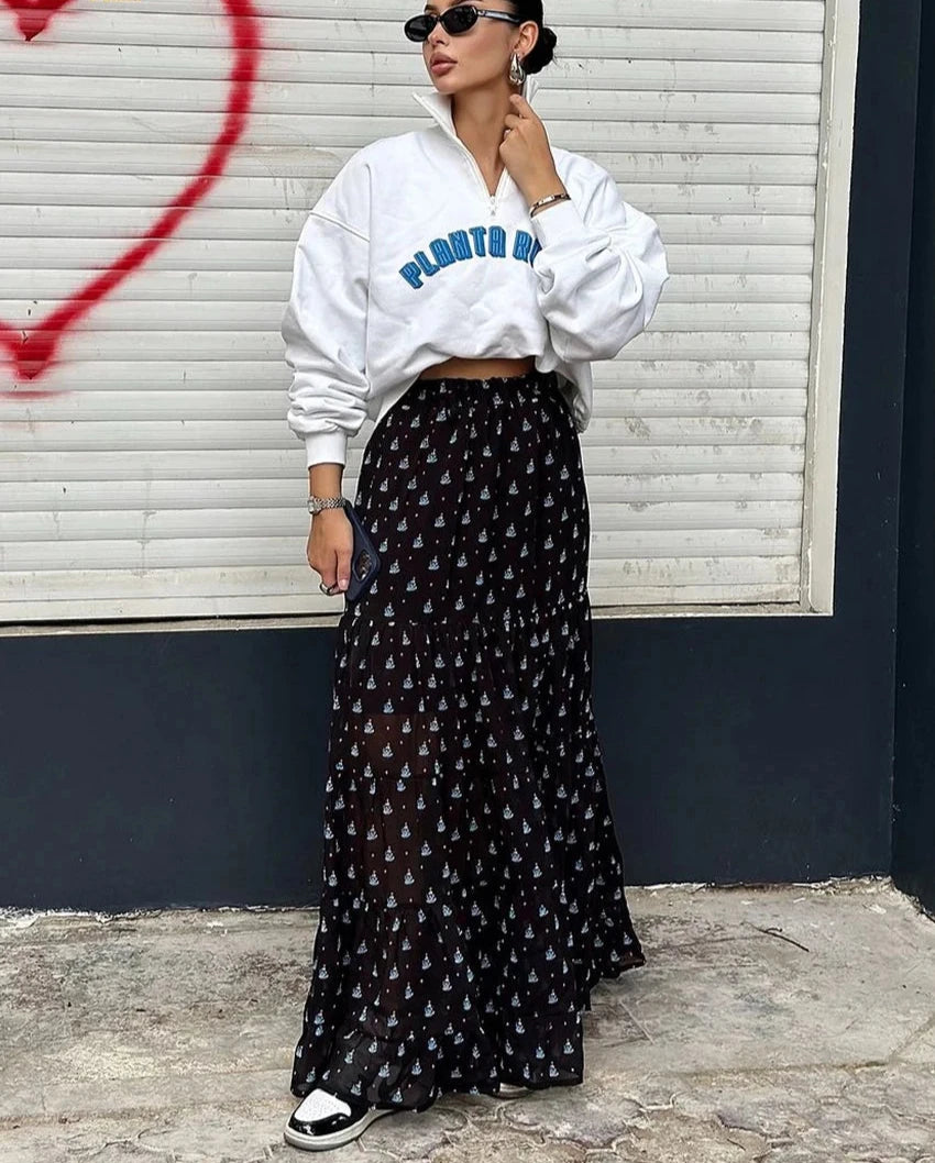 Clacive moda solta impressão saia feminina 2024 elegante cintura alta maxi saia casual clássico roupas femininas streetwear