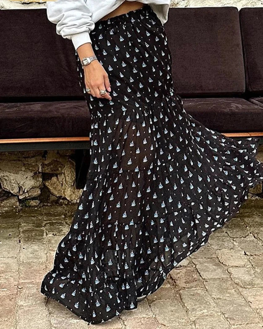 Clacive moda solta impressão saia feminina 2024 elegante cintura alta maxi saia casual clássico roupas femininas streetwear