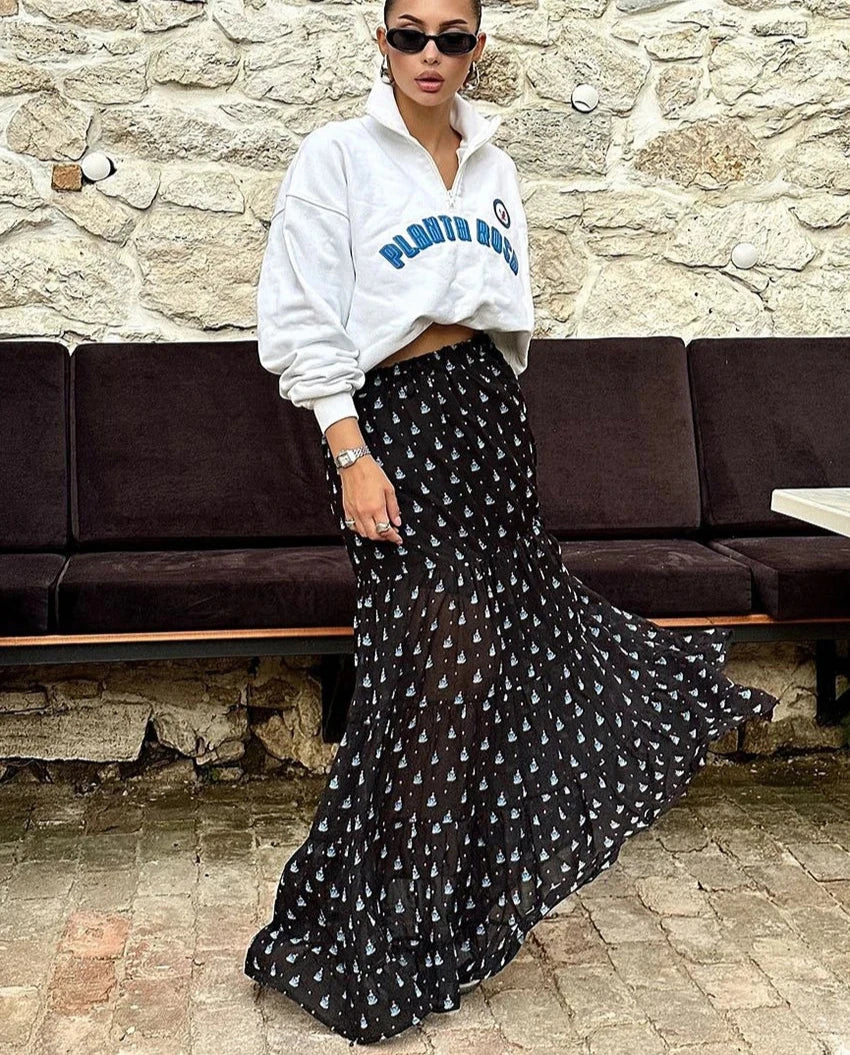 Clacive moda solta impressão saia feminina 2024 elegante cintura alta maxi saia casual clássico roupas femininas streetwear