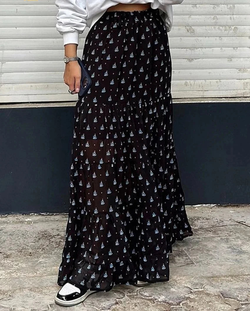 Clacive moda solta impressão saia feminina 2024 elegante cintura alta maxi saia casual clássico roupas femininas streetwear