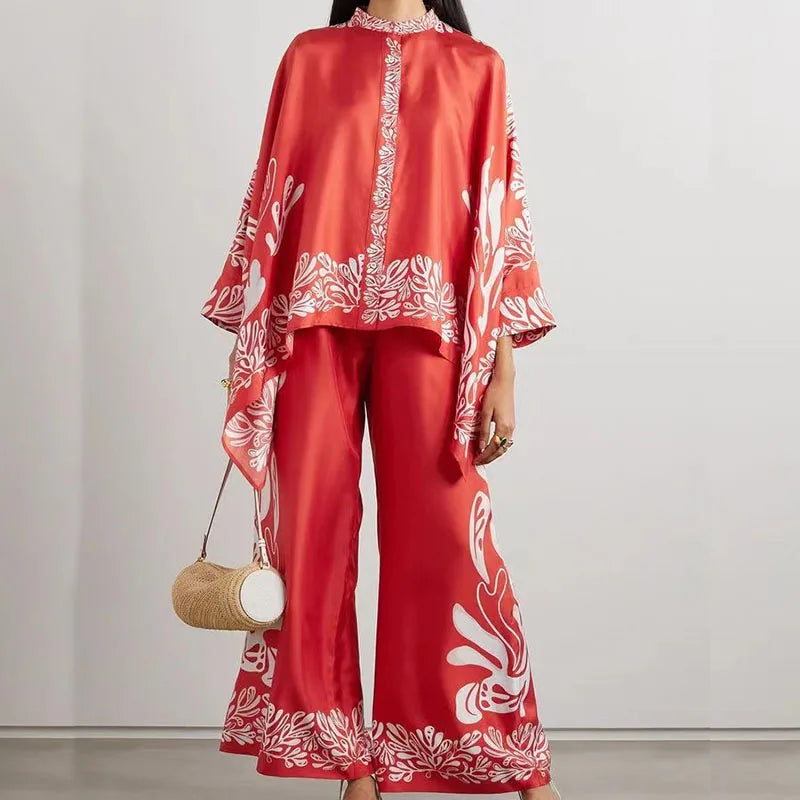 Conjunto de Camisa e Calça Elegante Feminino Estampado Vermelho