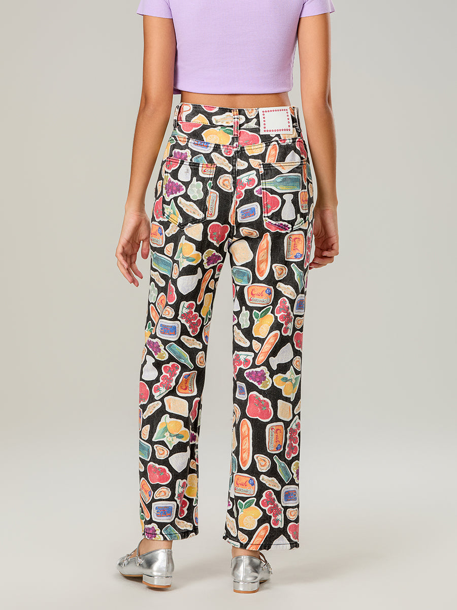 Calça Jeans Feminina Estampada de Frutas