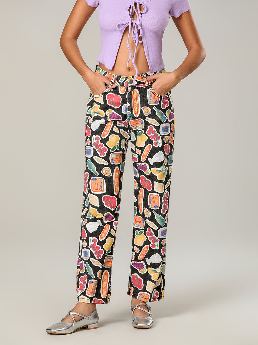 Calça Jeans Feminina Estampada de Frutas