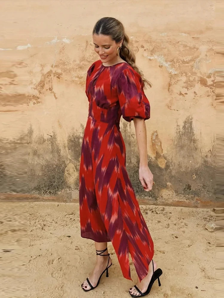 Elegante vestido midi estampado sem costas feminino, gola de caixa chique, mangas puff, robe com linha A dividida, vestidos de festa femininos, verão, novo, 2022