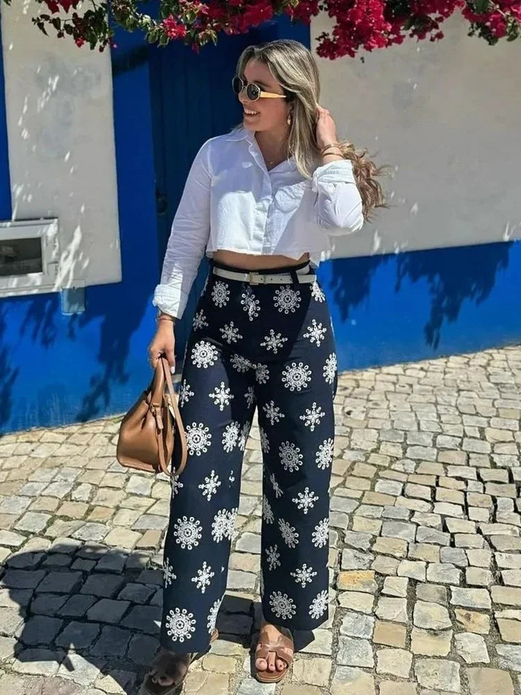 Foridol-Calças femininas bordadas florais, fecho de correr casual, azul marinho, moda feminina, verão, 2024