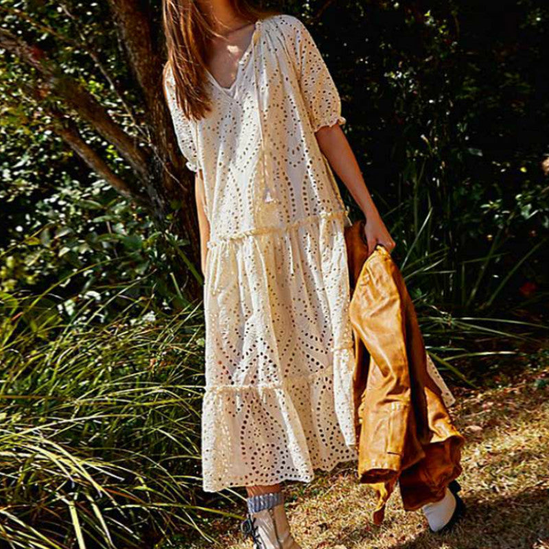 Vestido Longo Laise de Algodão bordado corações e manga puff