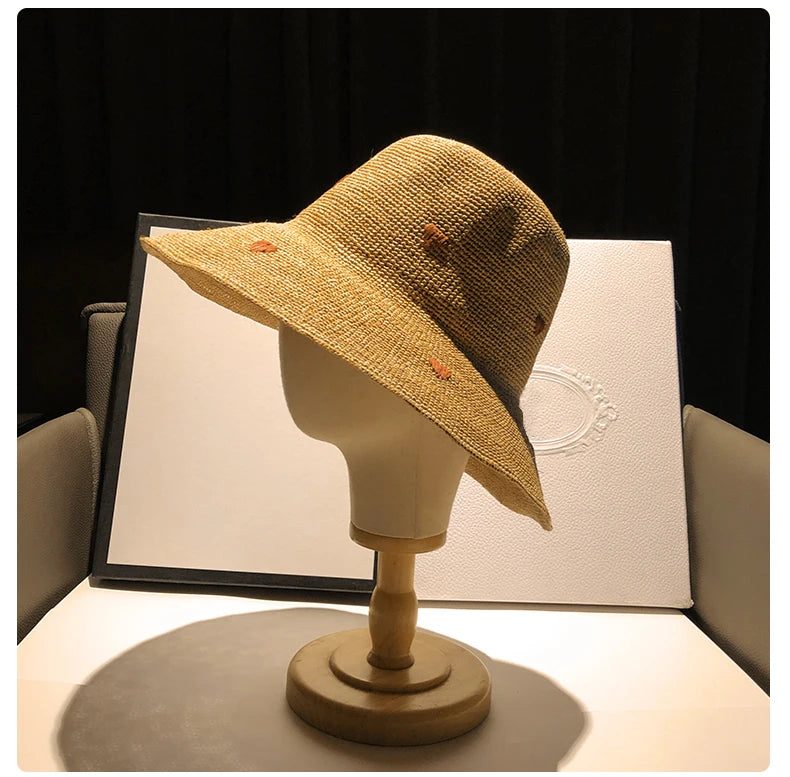 Chapéu de Ráfia Feminino aba grande Corações