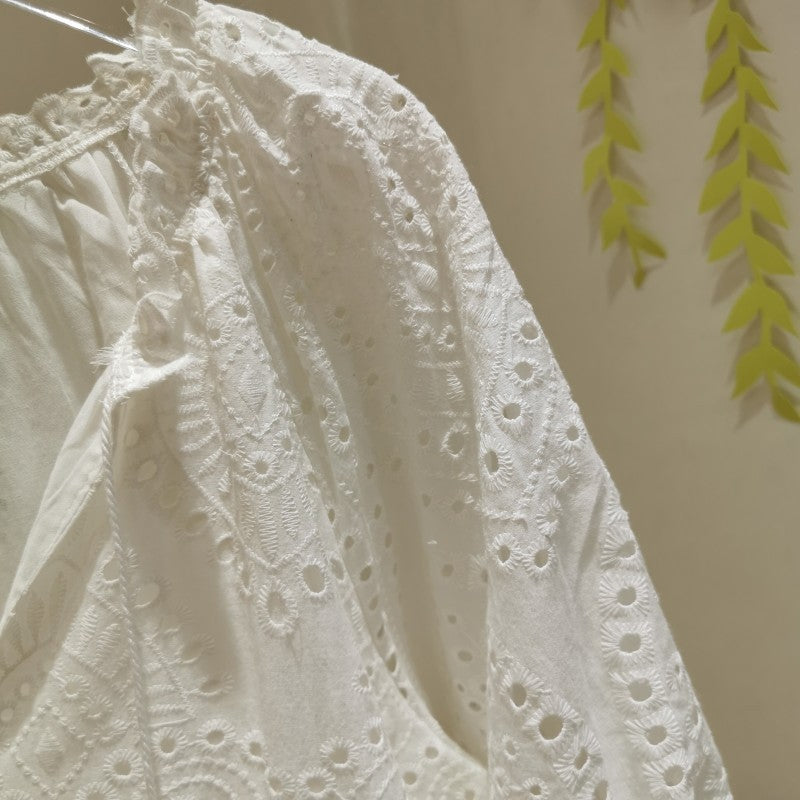 Vestido Longo Laise de Algodão bordado corações e manga puff