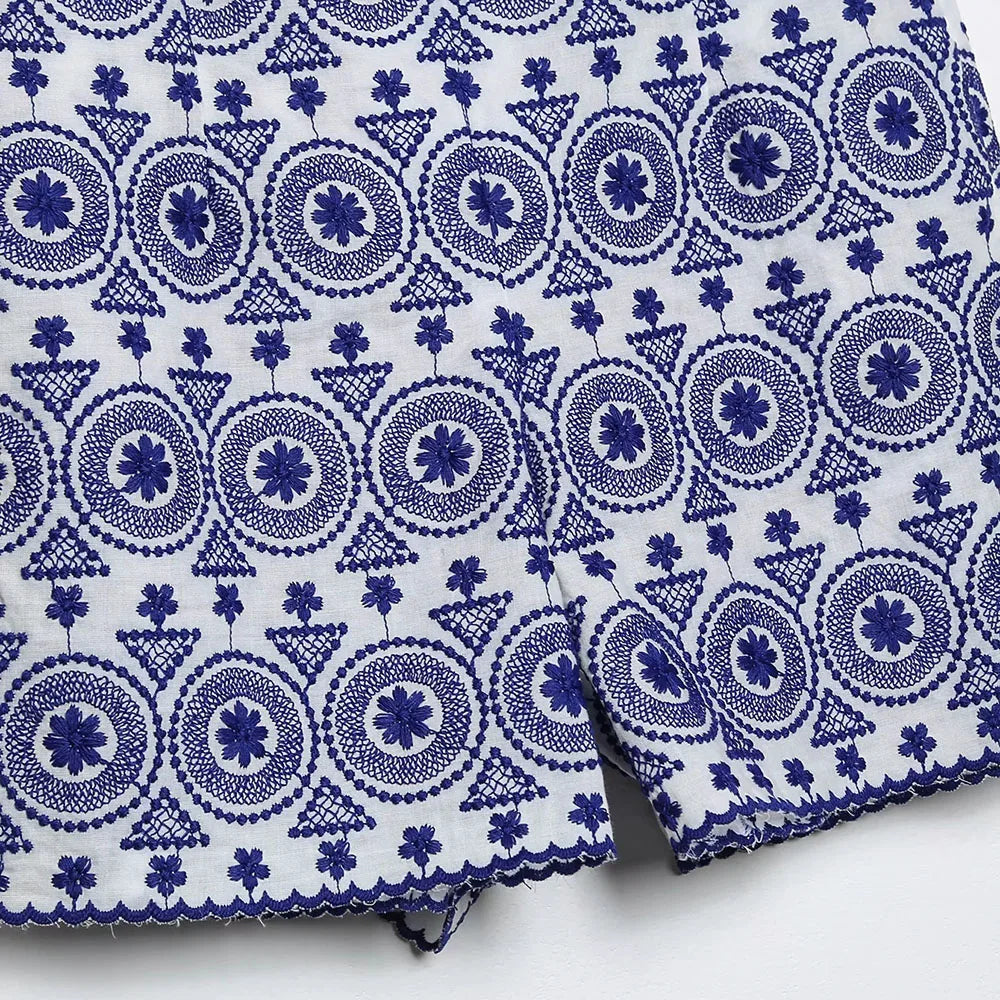 Short Feminino Bordado Azul Vintage