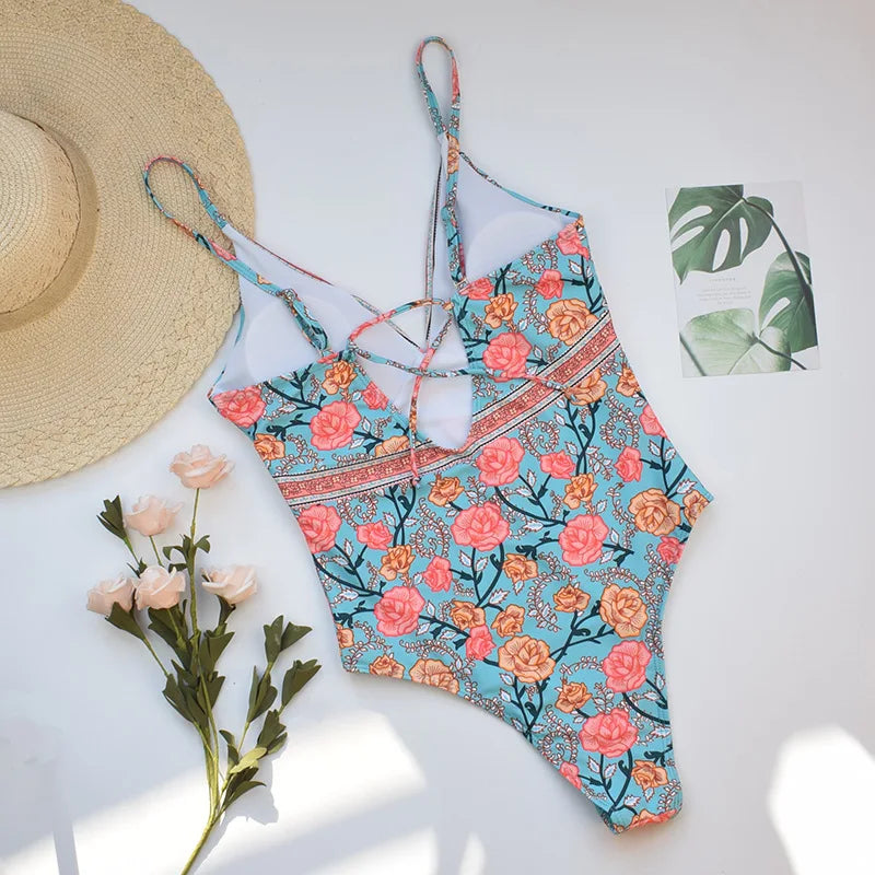 Teelwindows-maiô feminino, rosa, vermelho, floral, estampado, monoquíni, praia, sexy, boêmio, verão, traje de banho, uma peça, 2020