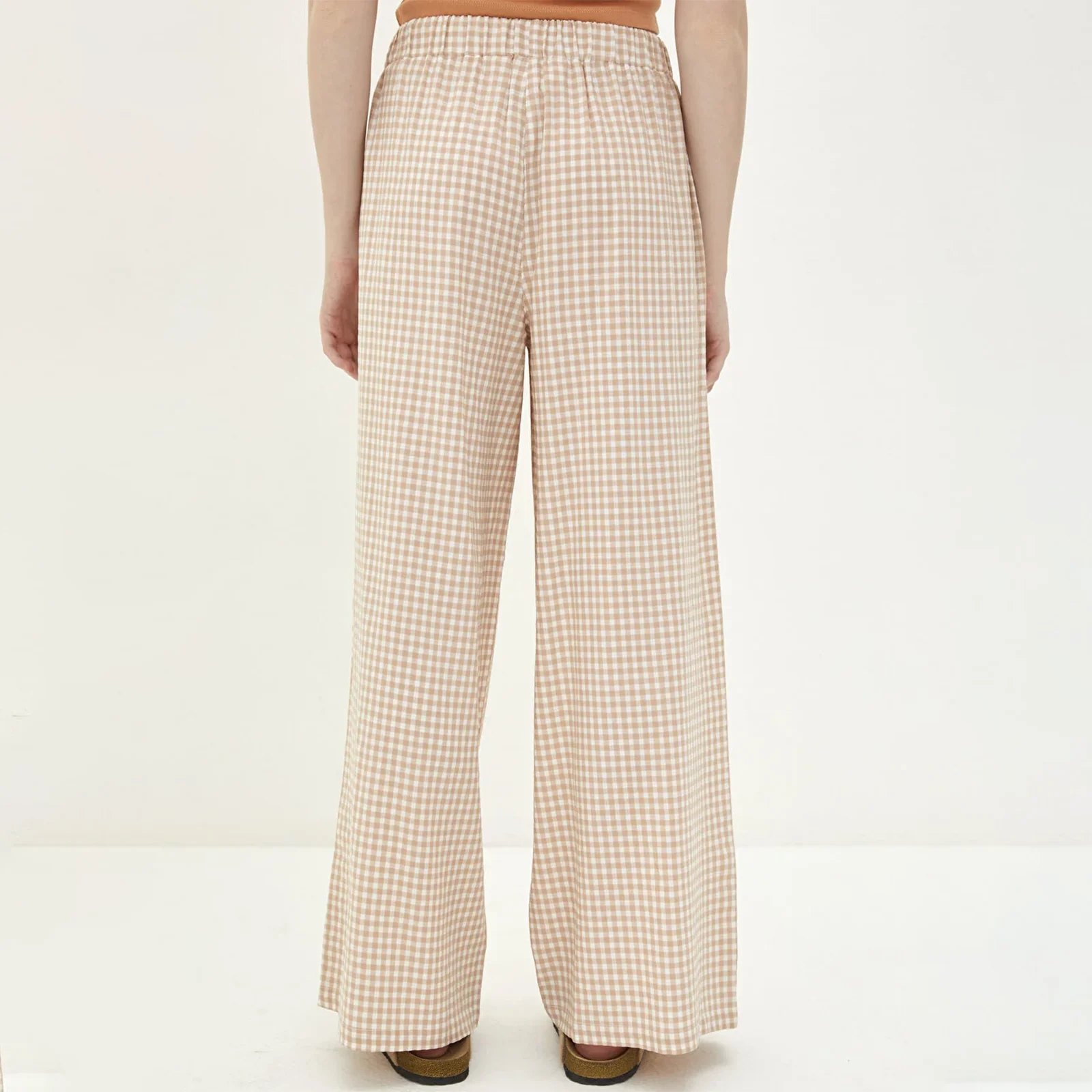 Hirigin-Calças femininas de perna larga com estampa xadrez com bolsos, calças casuais soltas, calças compridas, cordão, cintura alta, elástico, pull-on