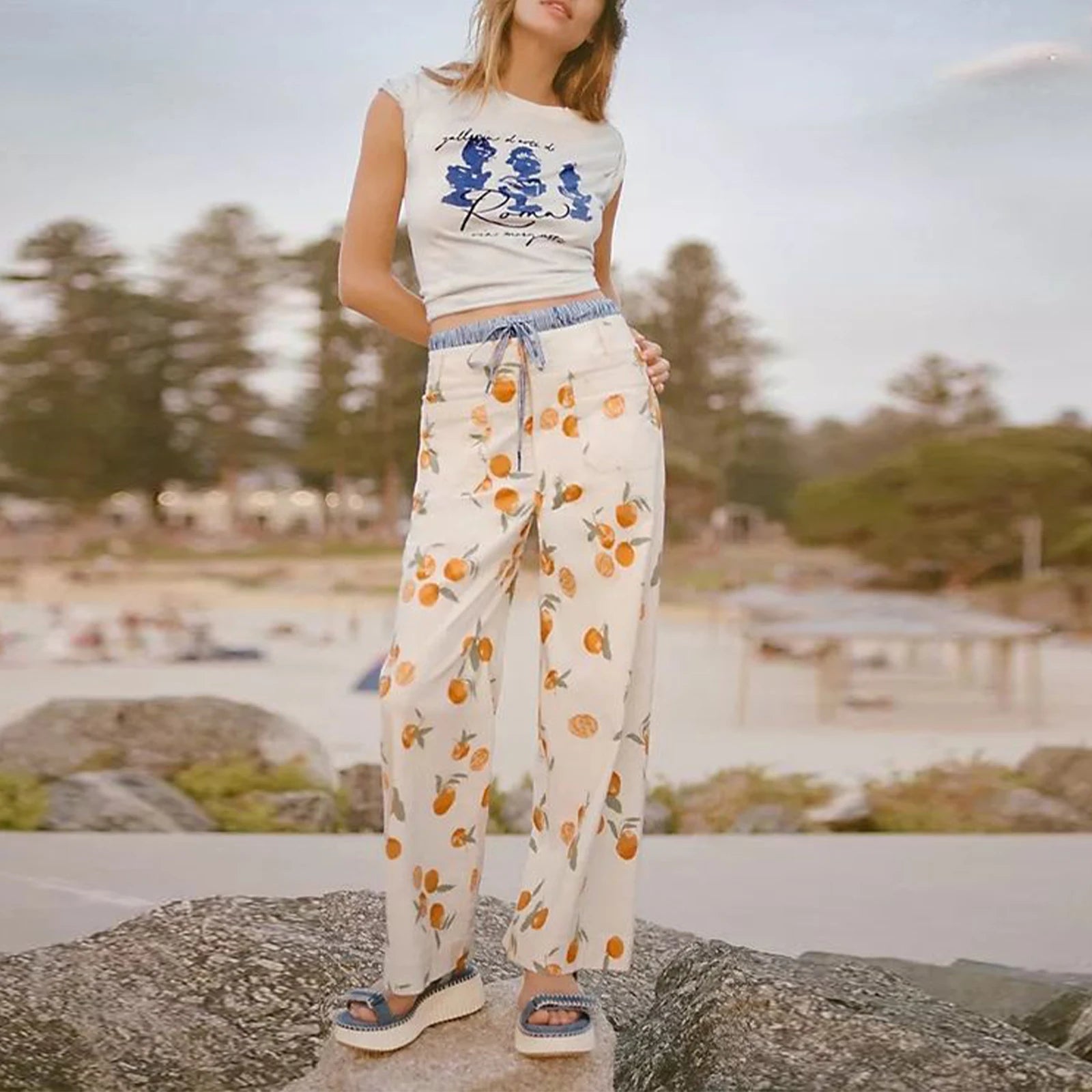 Hirigin-Calças jeans de perna larga feminina, calças soltas casuais, jeans de capri com estampa de frutas, calças para trabalho, escritório, streetwear vintage, Y2K