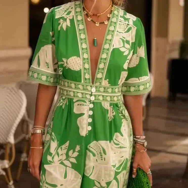 Impressão flor feminina macacões para o verão manga curta bandagem solta moda streetwear macacão calças de perna larga 2024