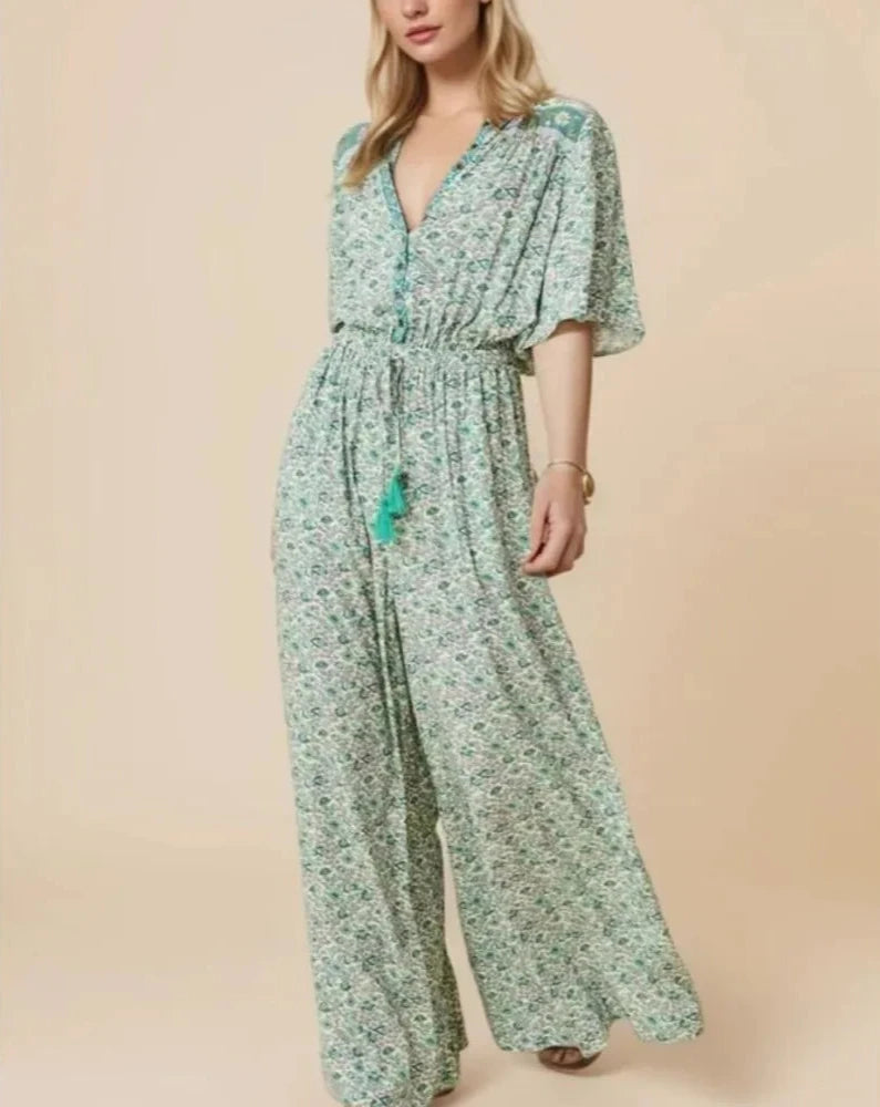 Macacões femininos com botão aberto boho pescoço em V, laço ajustado, cintura borla, macacões longos, macacão de férias, 2024