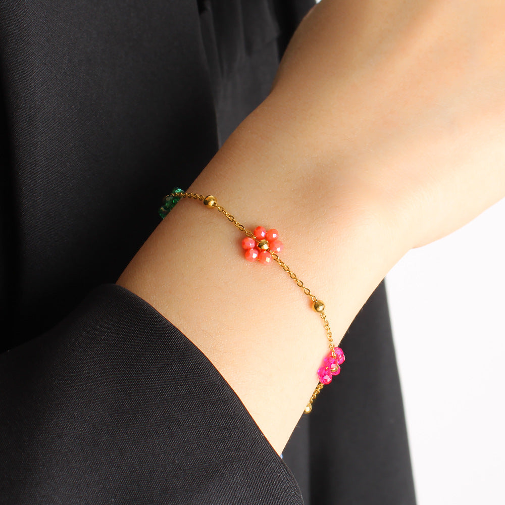 Conjunto de Pulseira e Colar de Aço Inoxidável com ouro 18k com Miçangas de Flores Coloridas de cristais