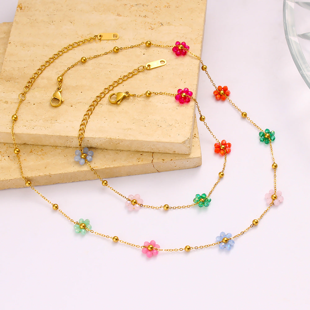 Conjunto de Pulseira e Colar de Aço Inoxidável com ouro 18k com Miçangas de Flores Coloridas de cristais