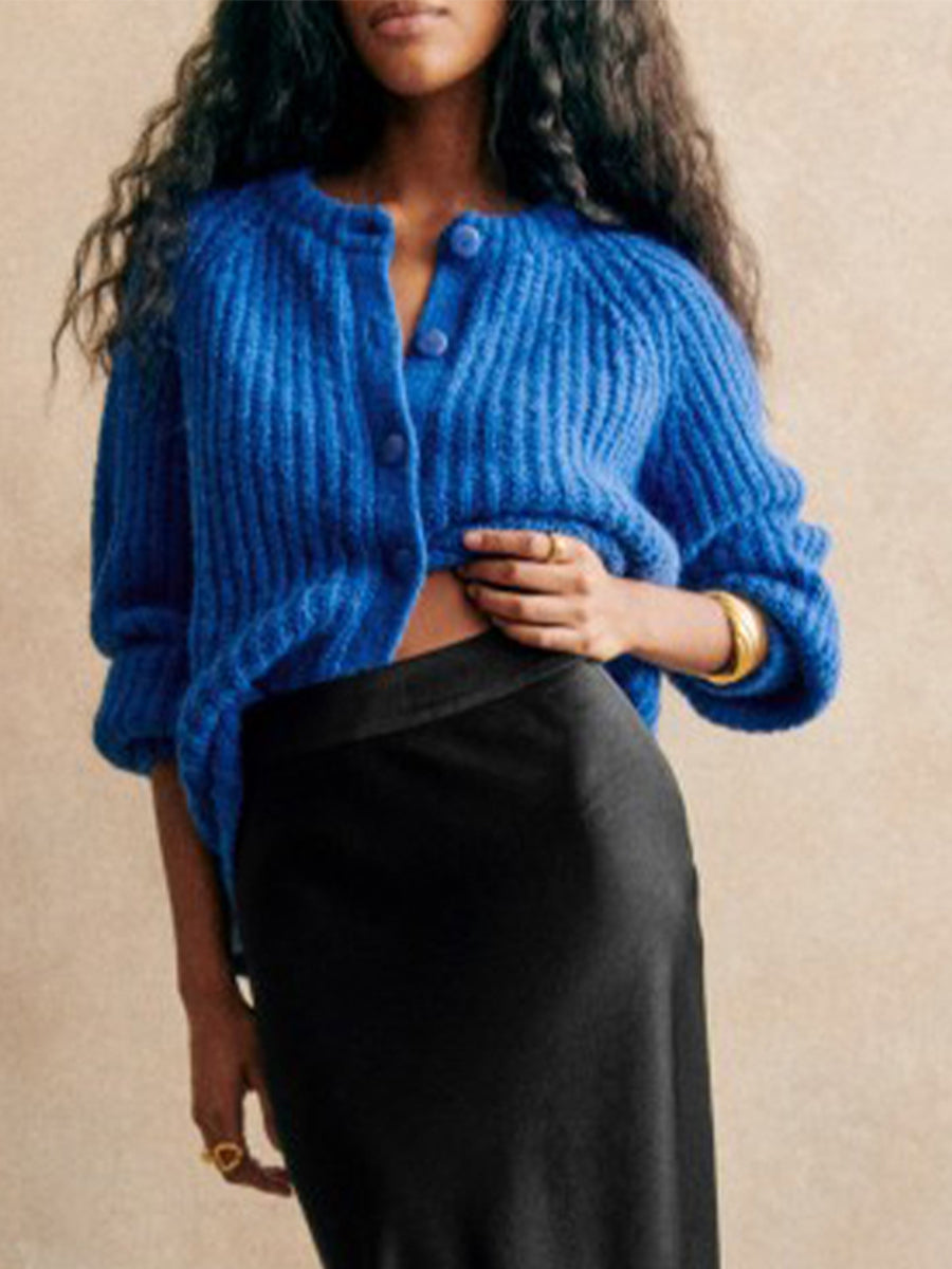 Cardigãn Feminino Vintage de Malha  Chenile Gola redonda Manga Comprida com Botões