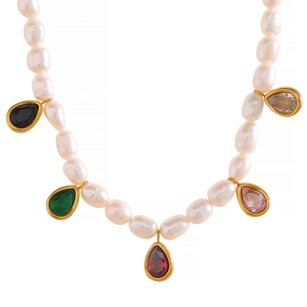 Colar de Pérolas Naturais com Gotas de Zircônia Cúbicas Coloridas