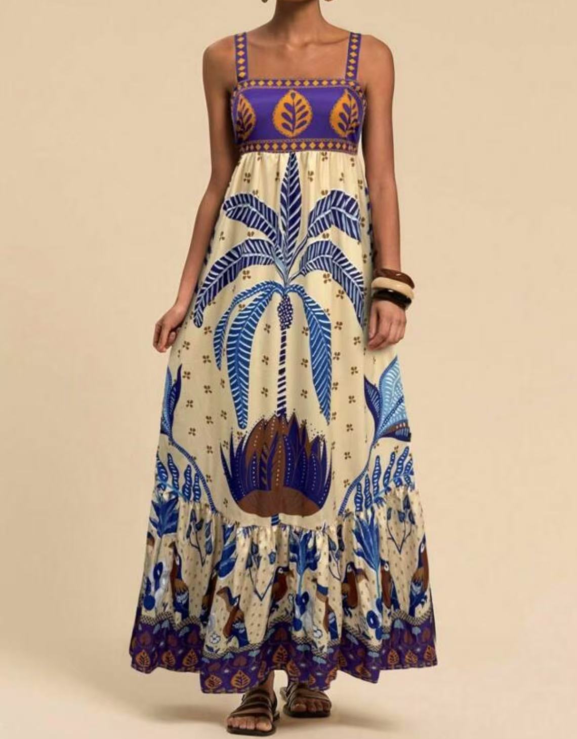 Vestido Midi com Alças Finas e Estampa Tropical de Coqueiros
