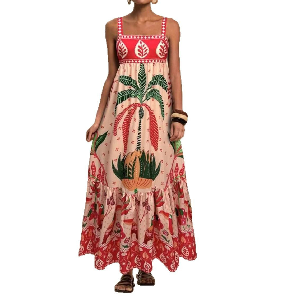 Vestido Midi com Alças Finas e Estampa Tropical de Coqueiros