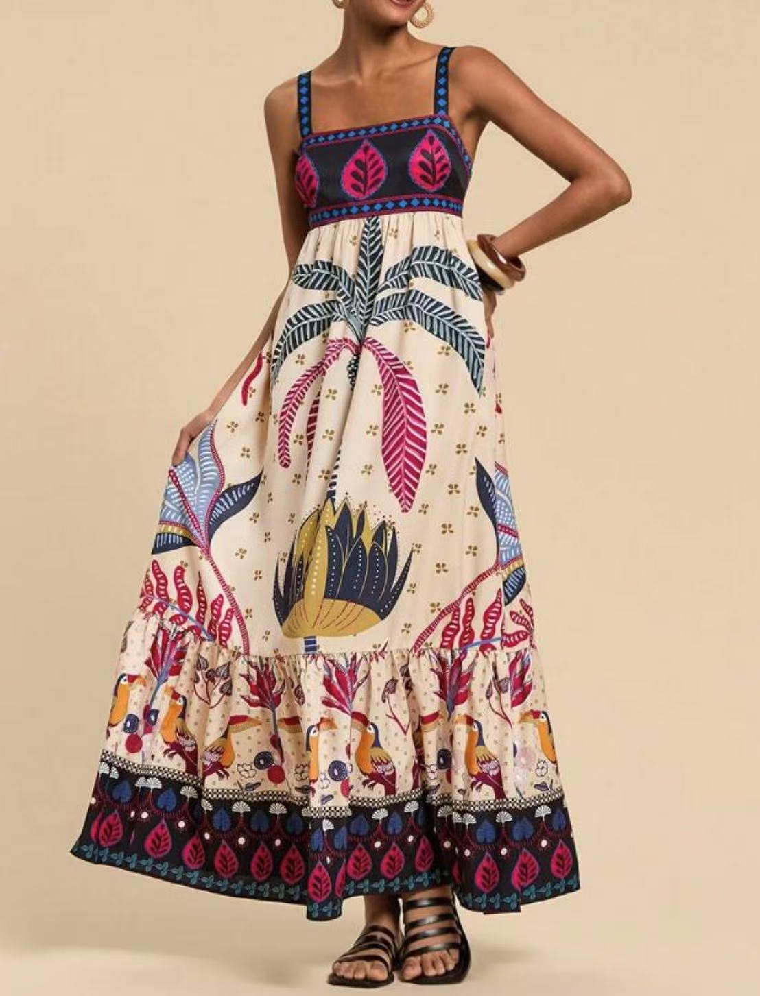 Vestido Midi com Alças Finas e Estampa Tropical de Coqueiros