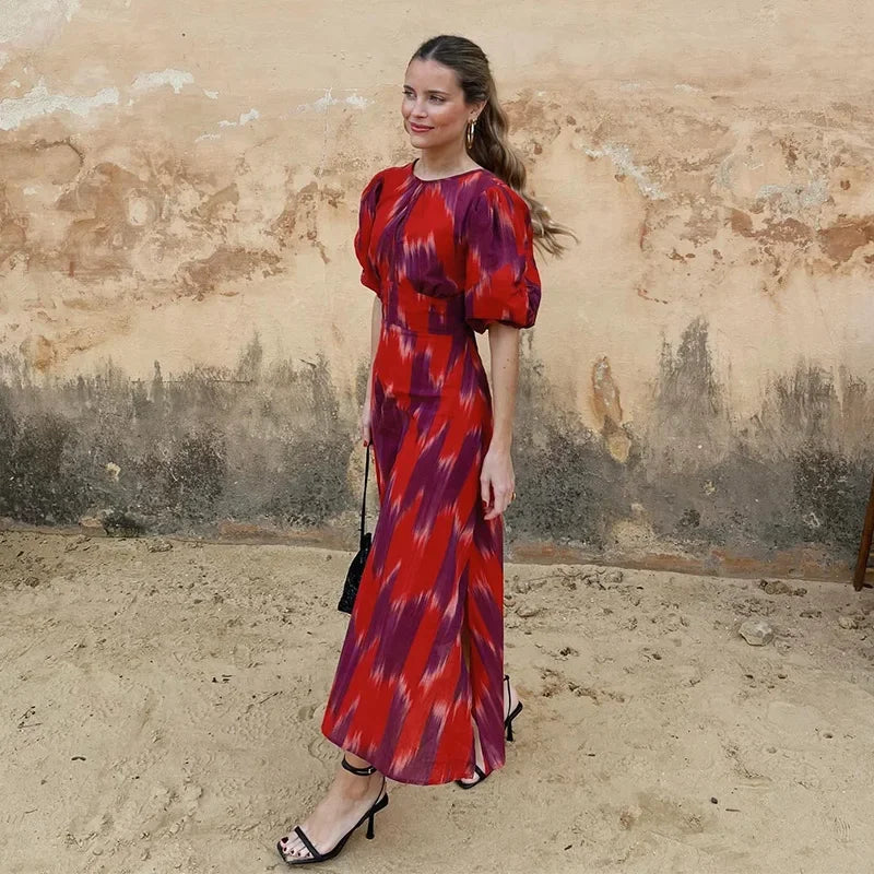 Produto Elegante vestido midi estampado sem costas feminino, gola de caixa chique, mangas puff, robe com linha A dividida, vestidos de festa femininos, verão, novo, 2022 - 1