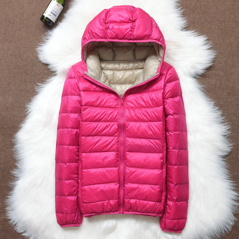 90% ultra-leve fino para baixo jaqueta feminina outono inverno dupla face curto quente pato branco para baixo casaco parka feminino portátil outerwear