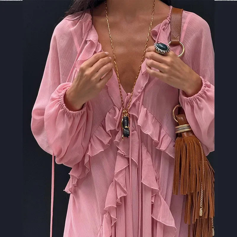 Vestido Longo de babados Rosa Boho